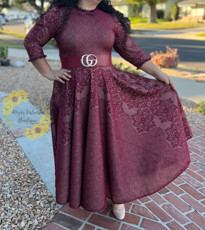 Burgundy Lace Floral Dress