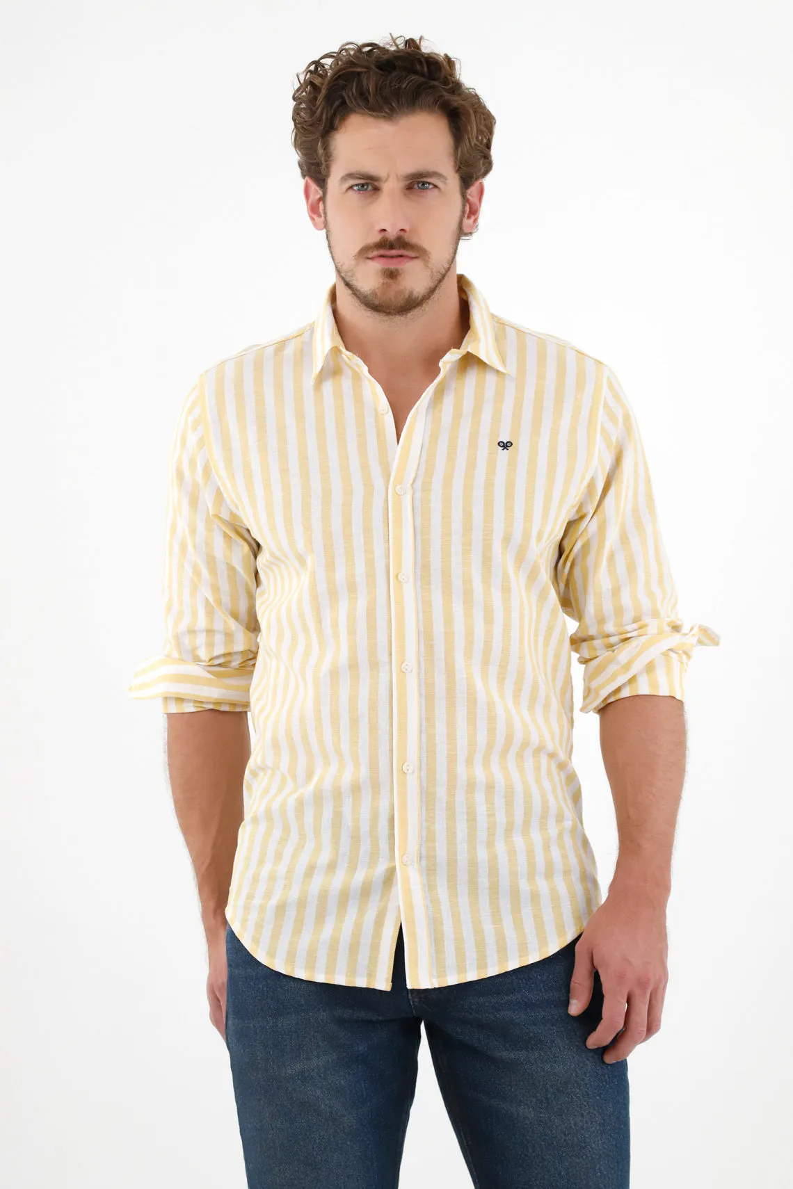 Camisa amarilla con diseño preteñido a rayas para hombre