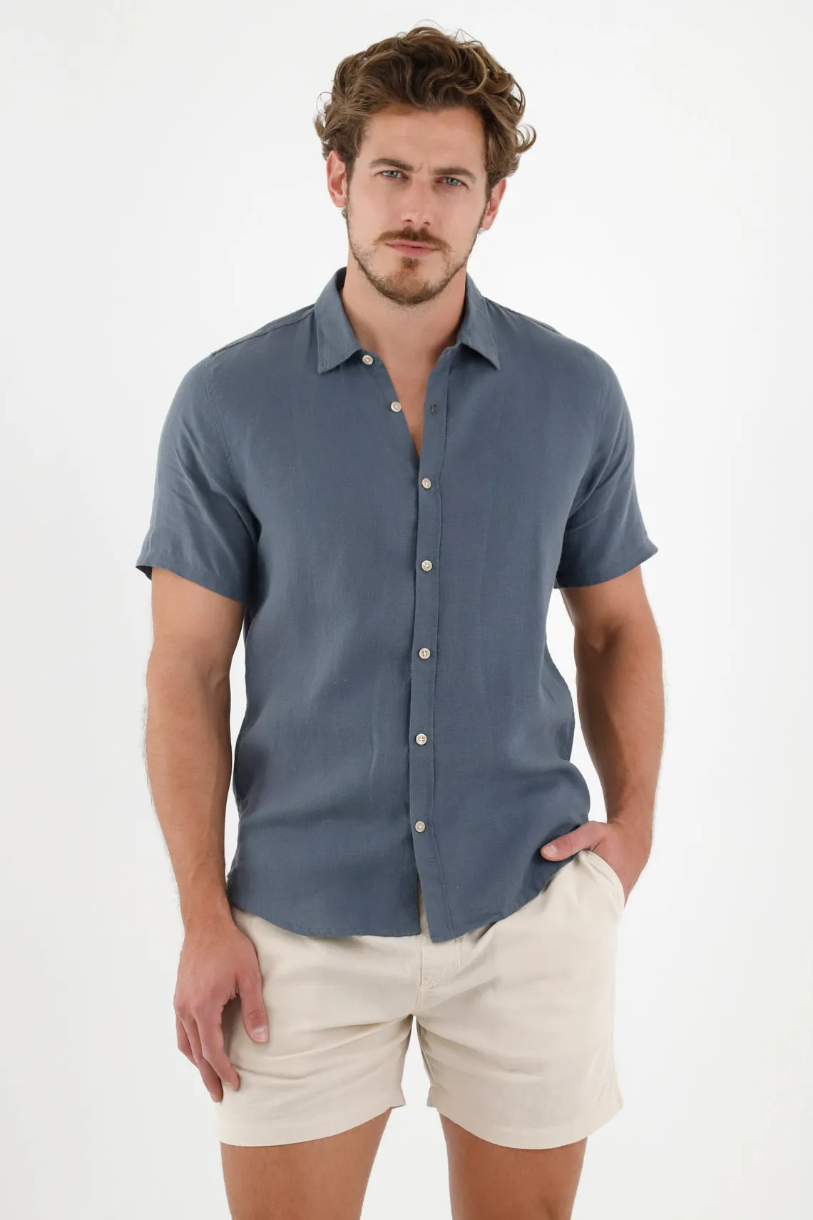 Camisa azul en 100% lino para hombre