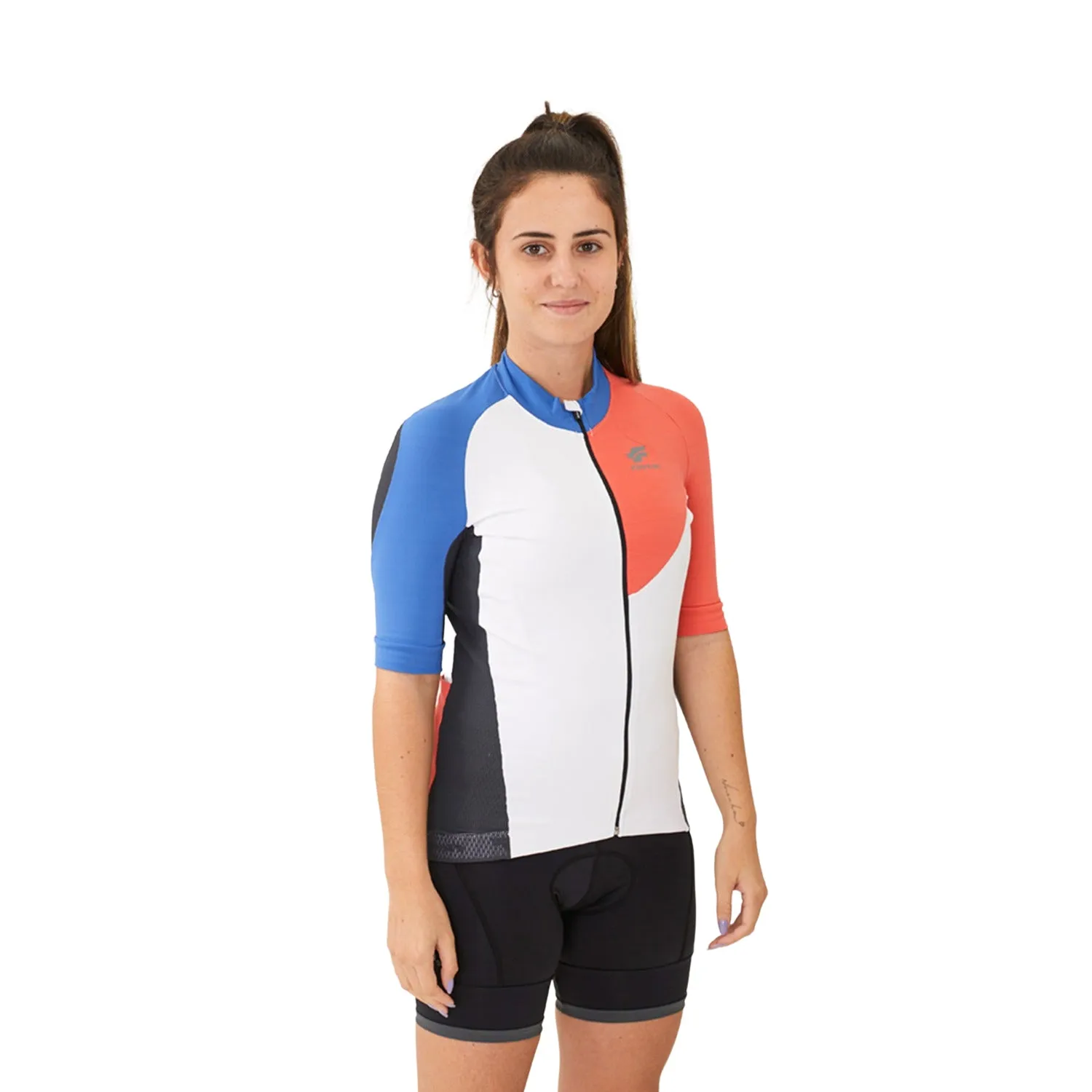 Camisa Ciclismo CYCLETECH Fem l Branca, Salmão e Azul