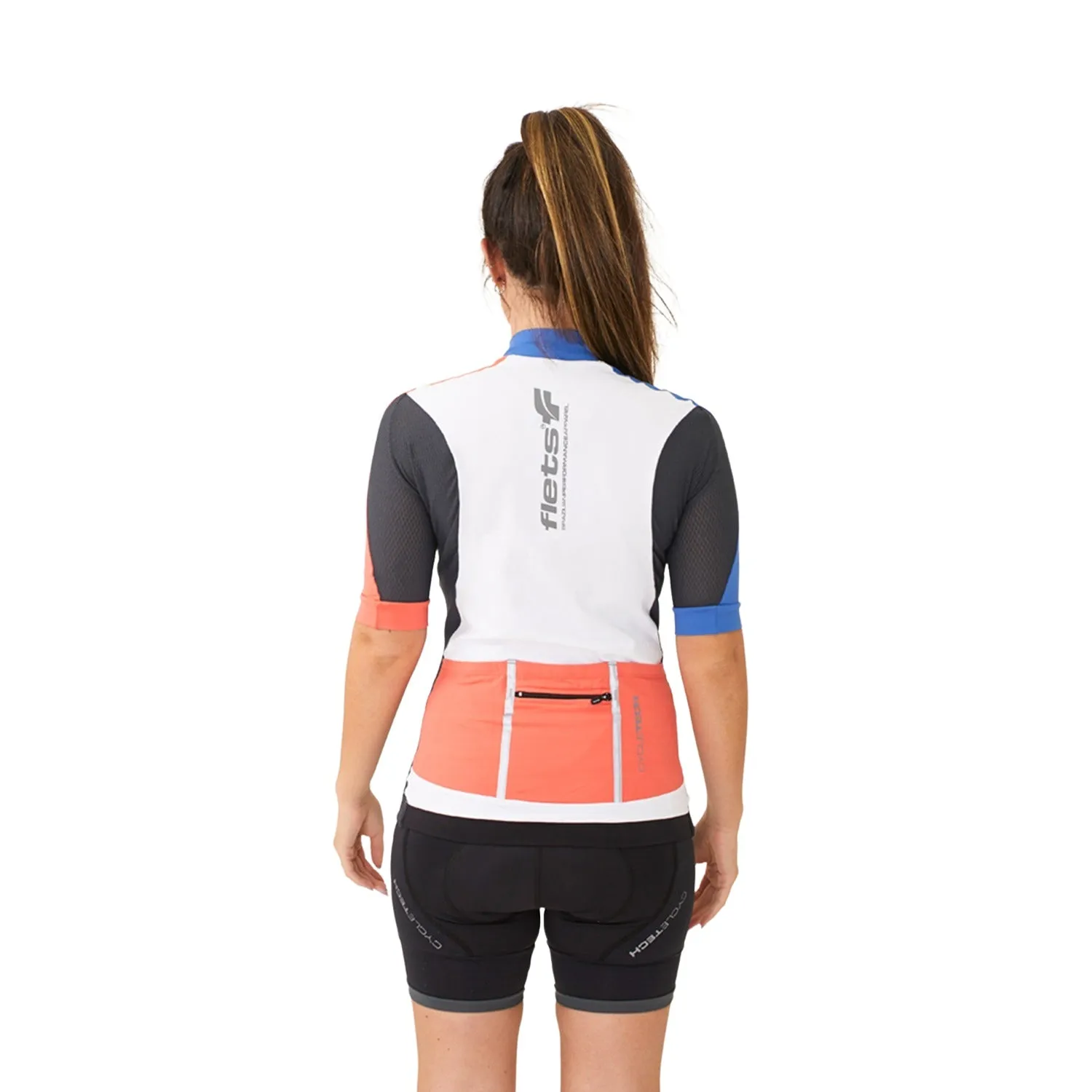 Camisa Ciclismo CYCLETECH Fem l Branca, Salmão e Azul