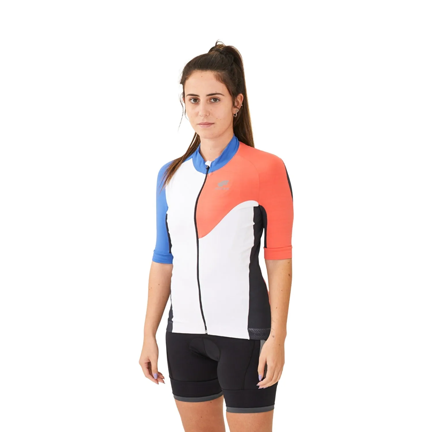 Camisa Ciclismo CYCLETECH Fem l Branca, Salmão e Azul