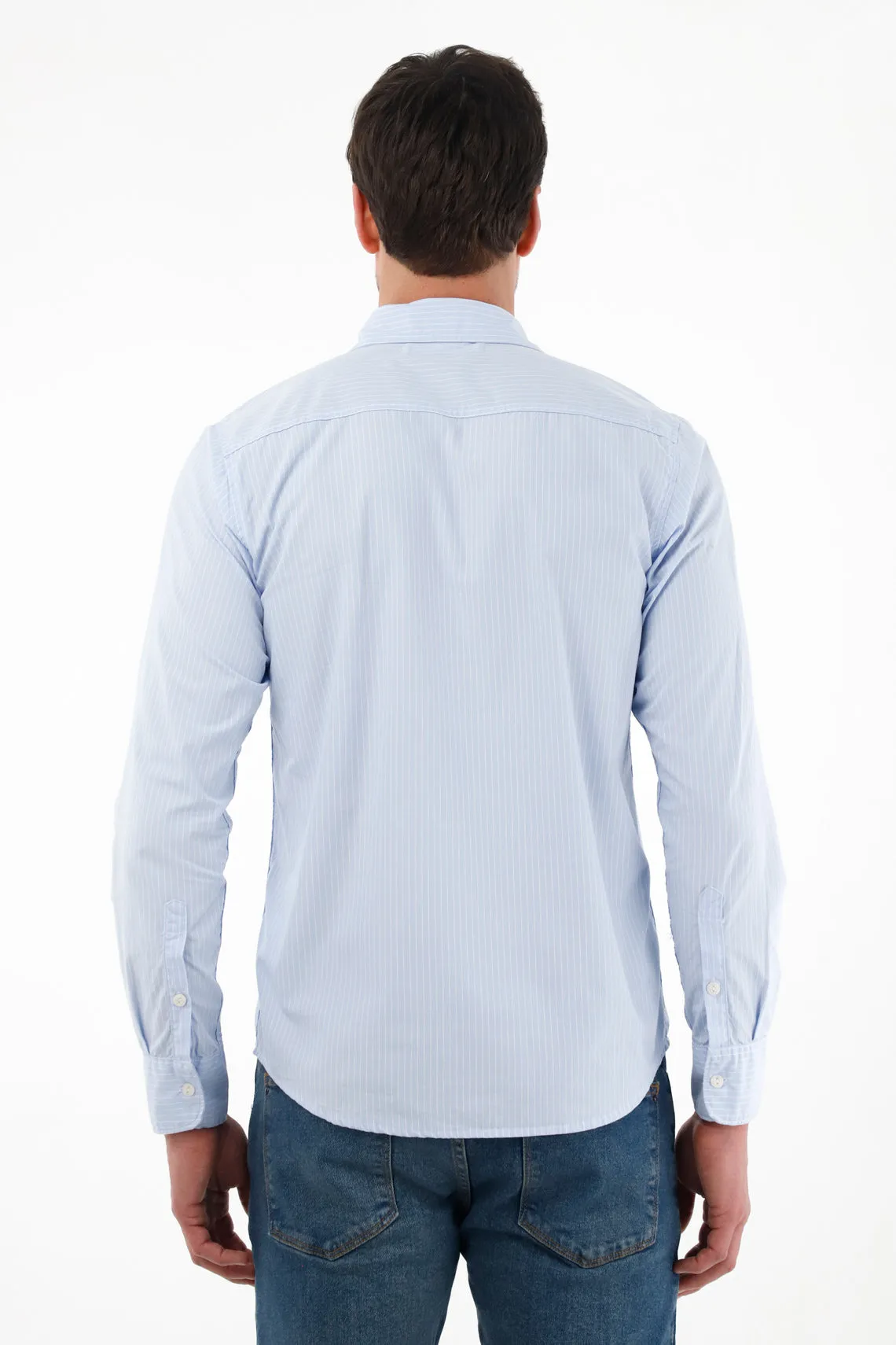 Camisa en popelina manga larga azul para hombre