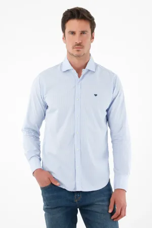 Camisa en popelina manga larga azul para hombre