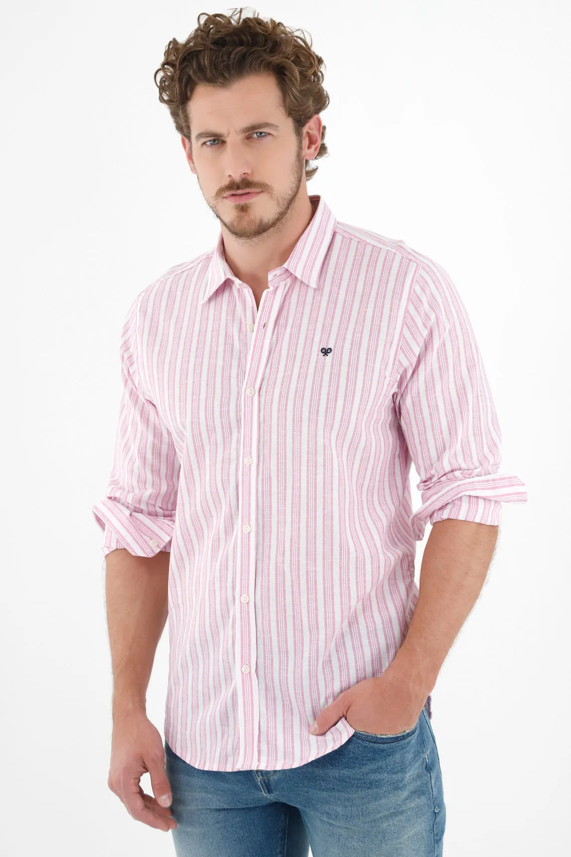 Camisa rosada con diseño preteñido a rayas para hombre