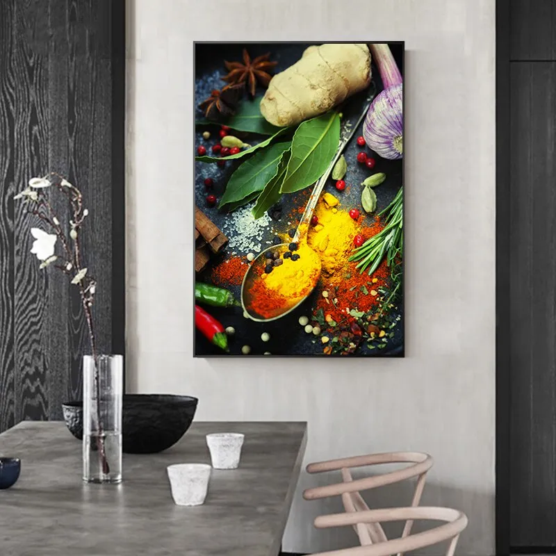 Grains, Spices, and Spoon Canvas Oil Painting: Kitchen Wall Art