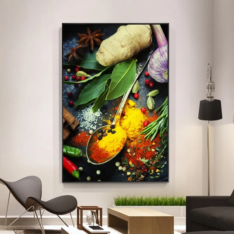 Grains, Spices, and Spoon Canvas Oil Painting: Kitchen Wall Art