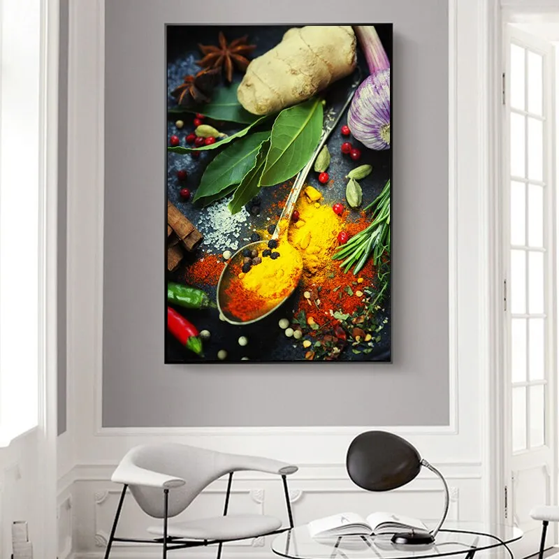 Grains, Spices, and Spoon Canvas Oil Painting: Kitchen Wall Art