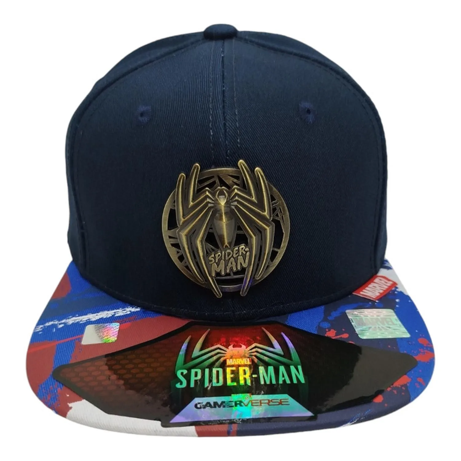 Kndit Caps Gorra Azul Marino Camuflaje Azul Placa Bronce Logo Araña Rayas Spider-Man