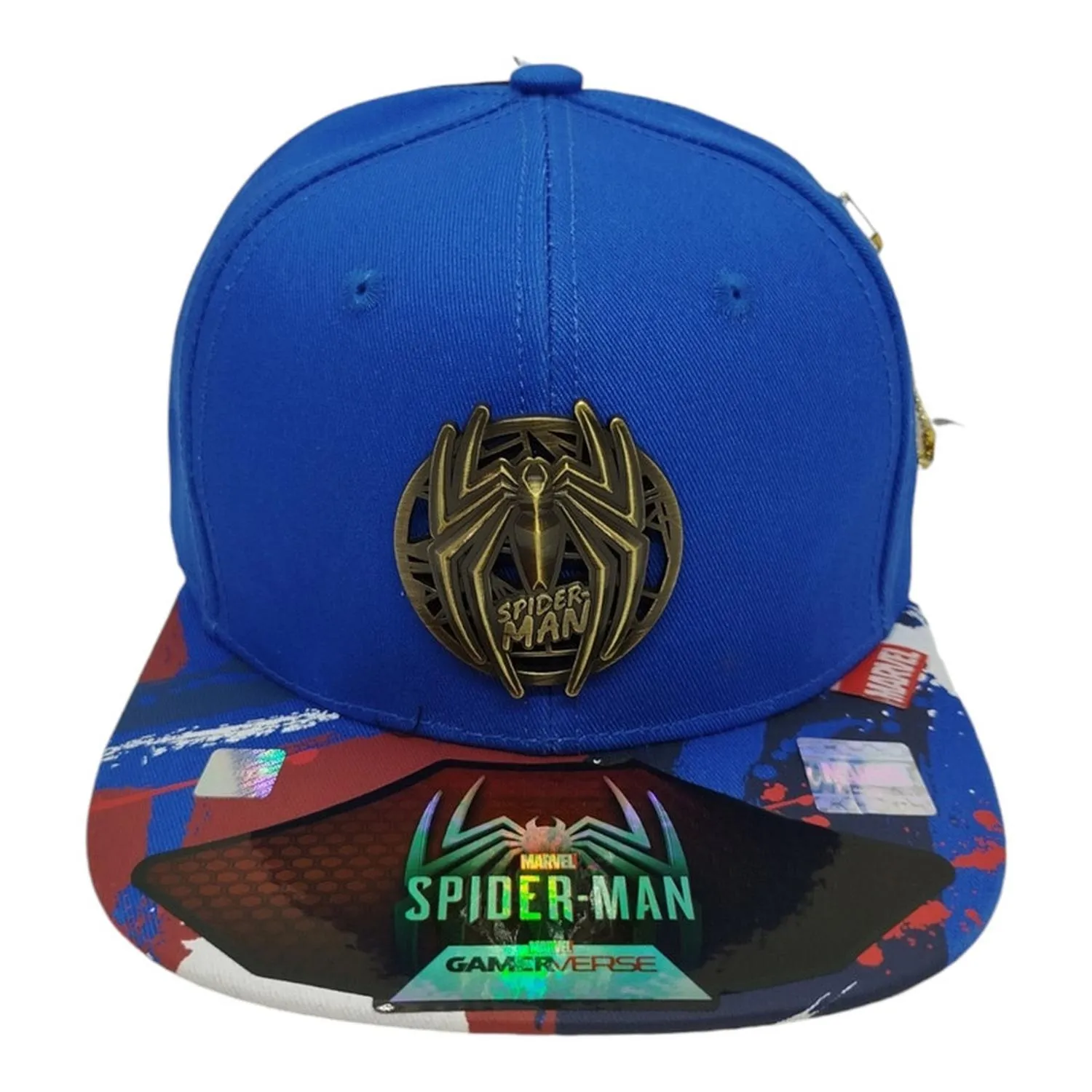 Kndit Caps Gorra Azul Rey Placa Bronce Logo Araña Rayas Spider-Man