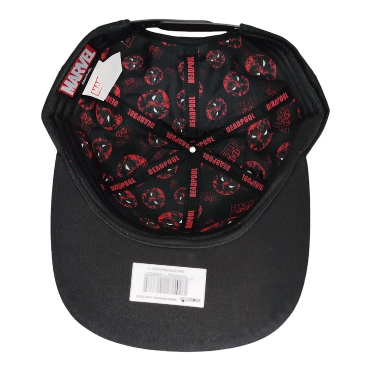 Kndit Caps Gorra Negra Con Rojo Placa Plateada Mate Letras Cara Logo Deadpool