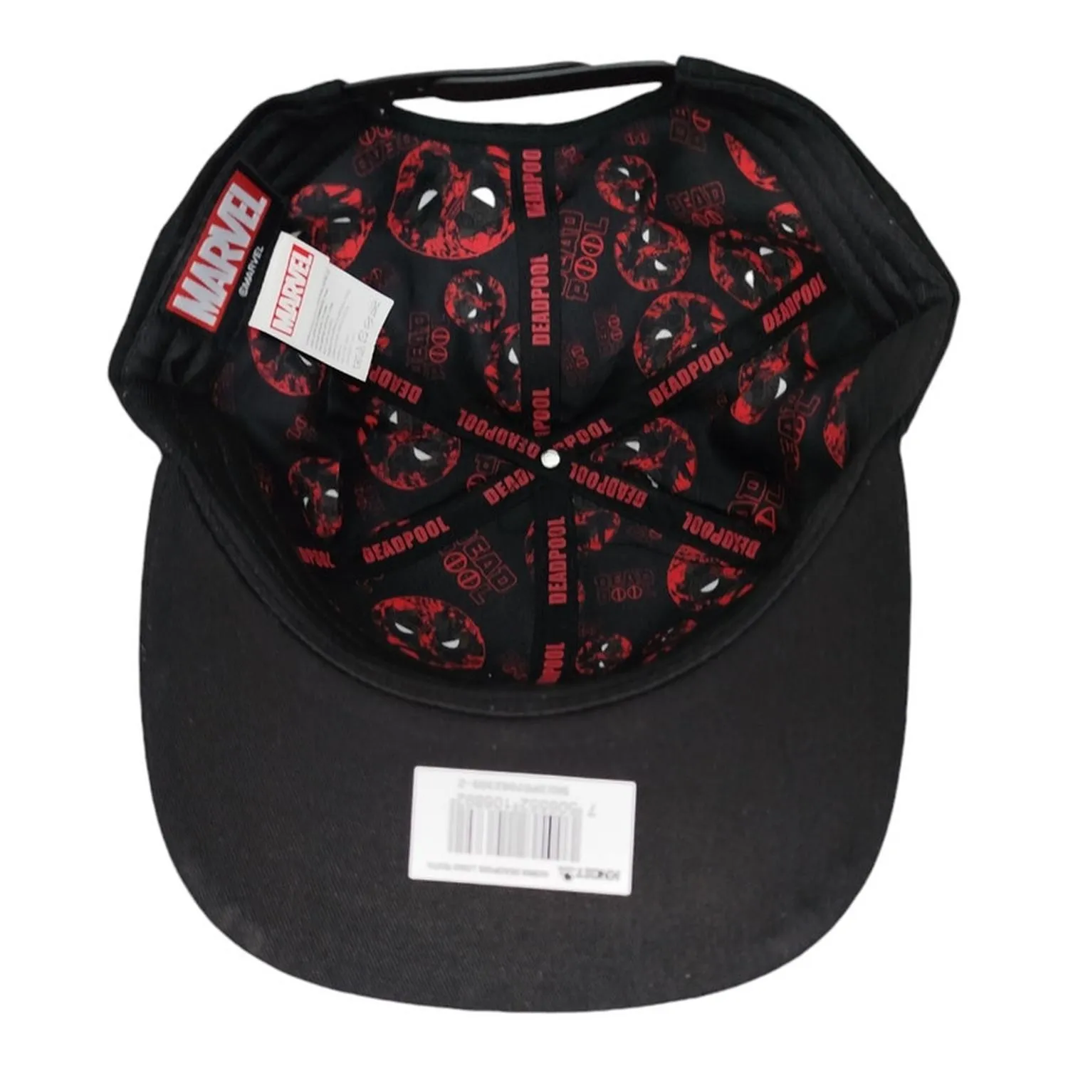 Kndit Caps Gorra Negra Rayas Rojas Placa Plateada Mate Letras Cara Logo Deadpool