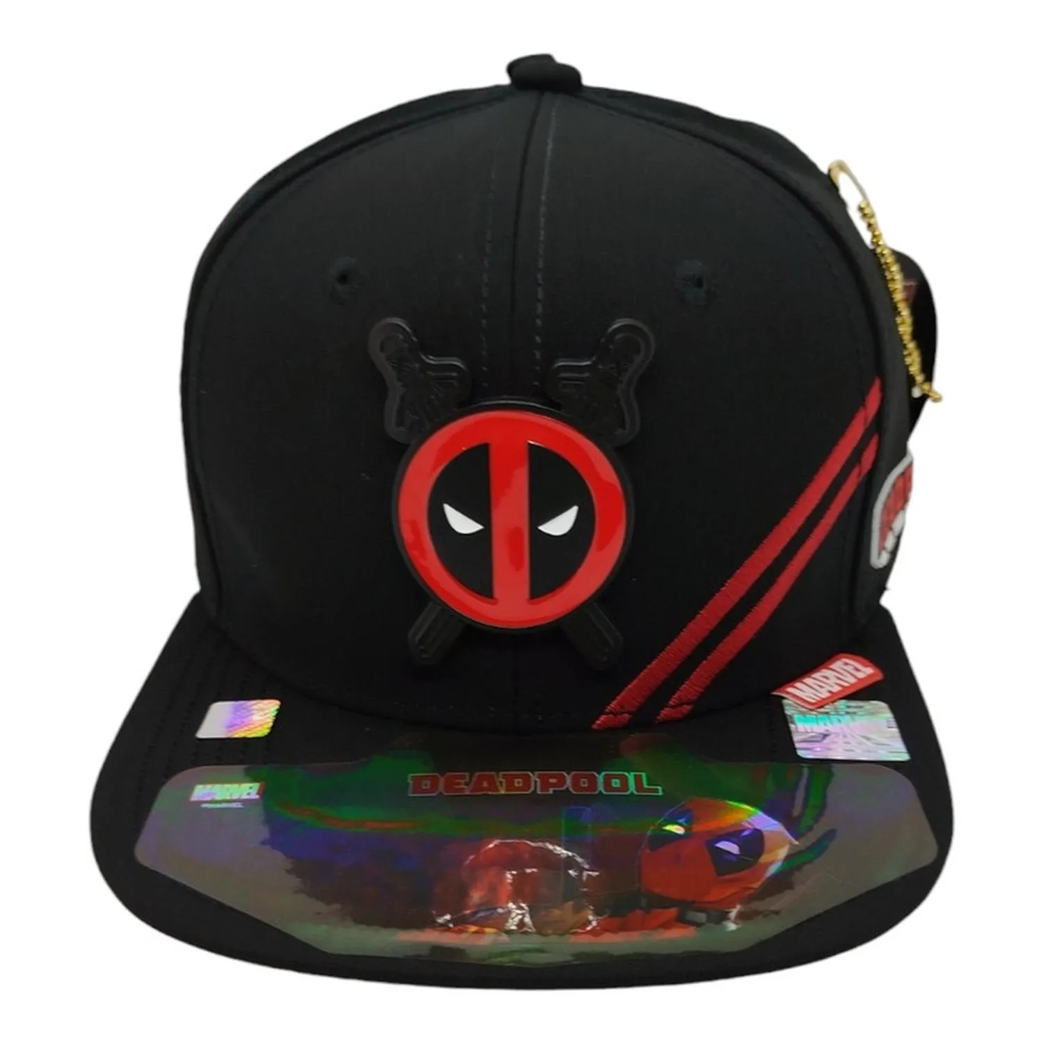 Kndit Caps Gorra Negra Rayas Rojas Placa Roja Con Negro Logo Katanas Deadpool