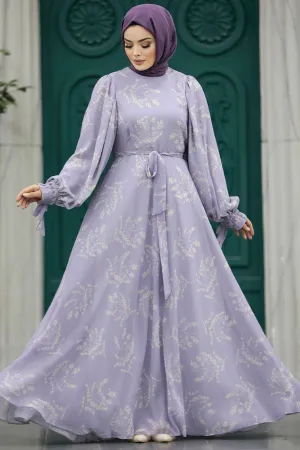 Lavender Floral Chiffon Long Sleeve Maxi Dress