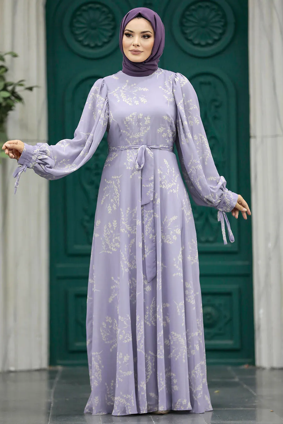 Lavender Floral Chiffon Long Sleeve Maxi Dress