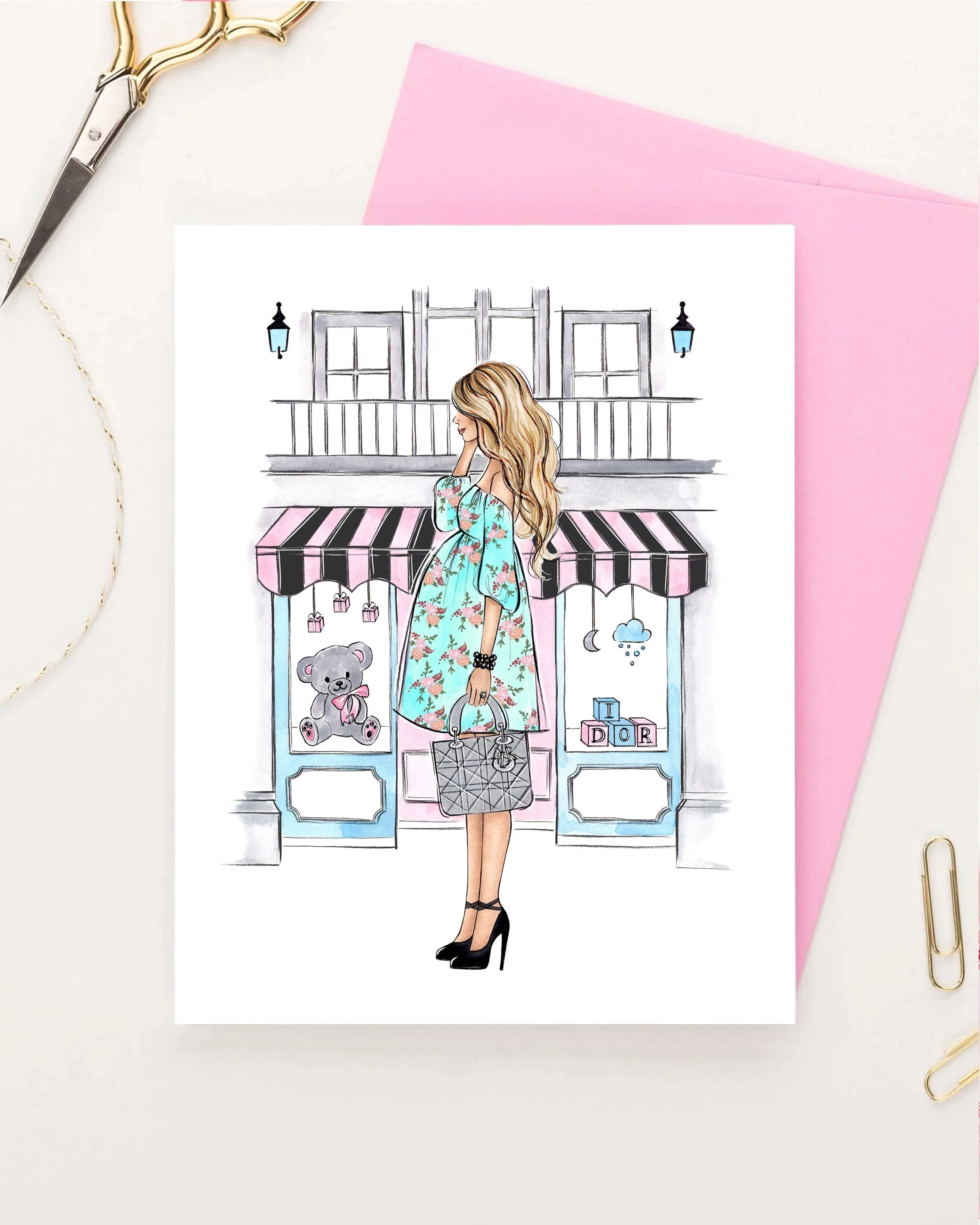 Mom to be greeting card fashion illustration