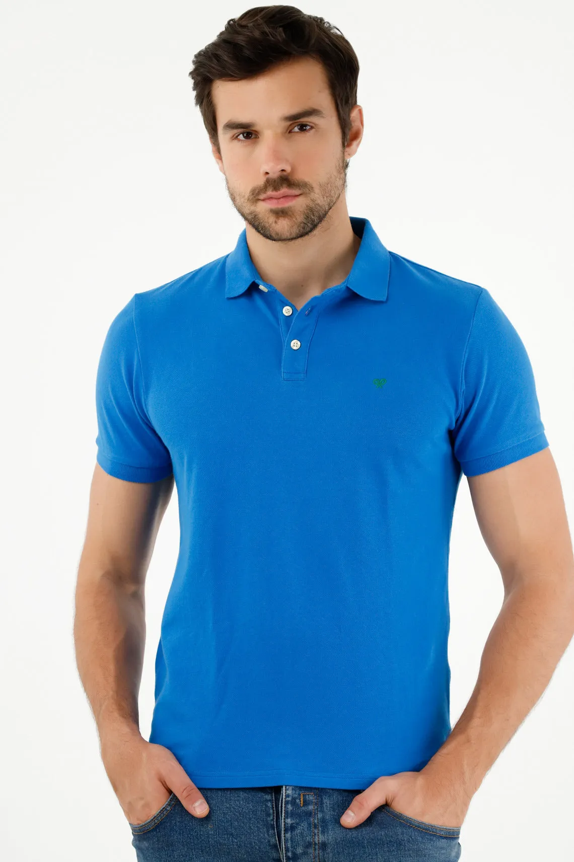 Polo cuello tejido azul para hombre