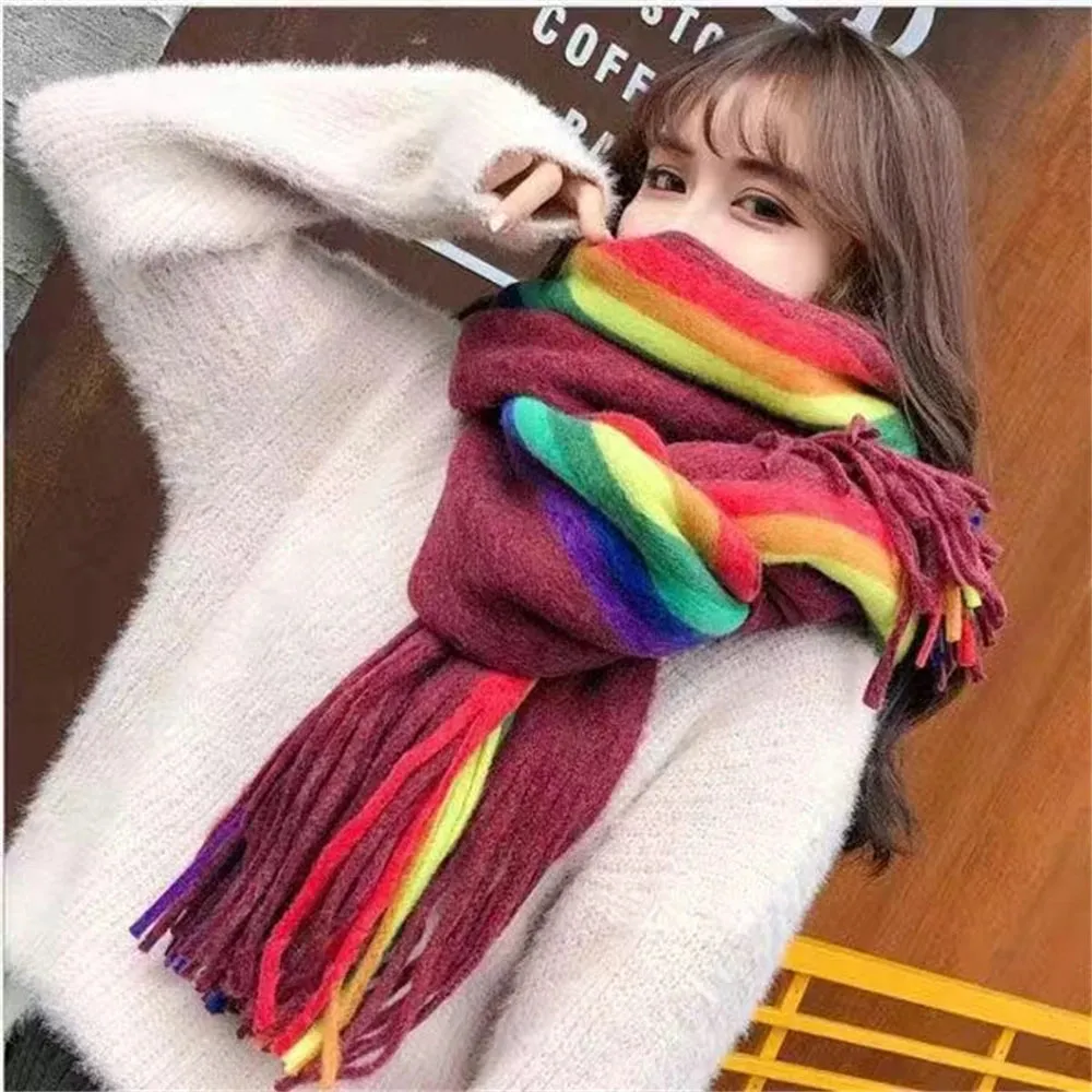 Sohiwoo Women's Rainbow Scarf Winter Cashmere Shawl Thickened Warm Knitted Line Scarf Long Fashion Bufandas Shawl Pashmina for Femme