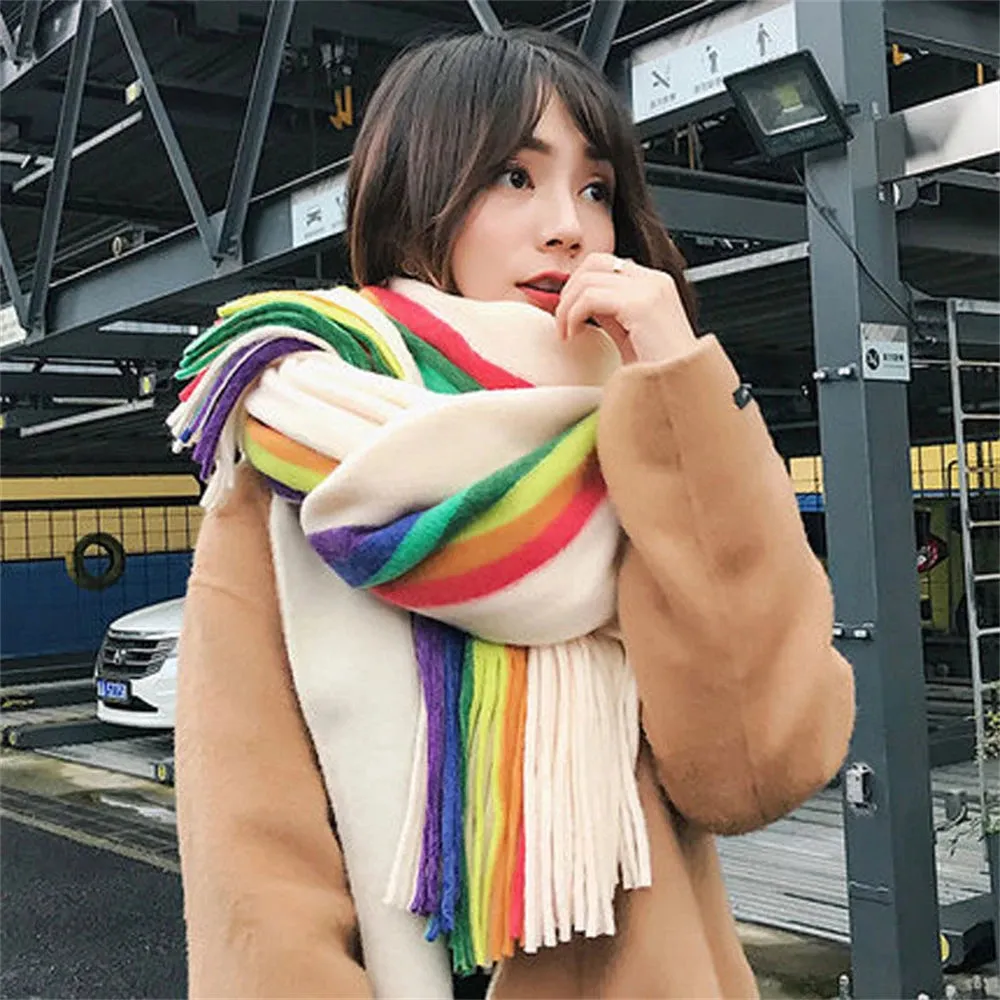 Sohiwoo Women's Rainbow Scarf Winter Cashmere Shawl Thickened Warm Knitted Line Scarf Long Fashion Bufandas Shawl Pashmina for Femme