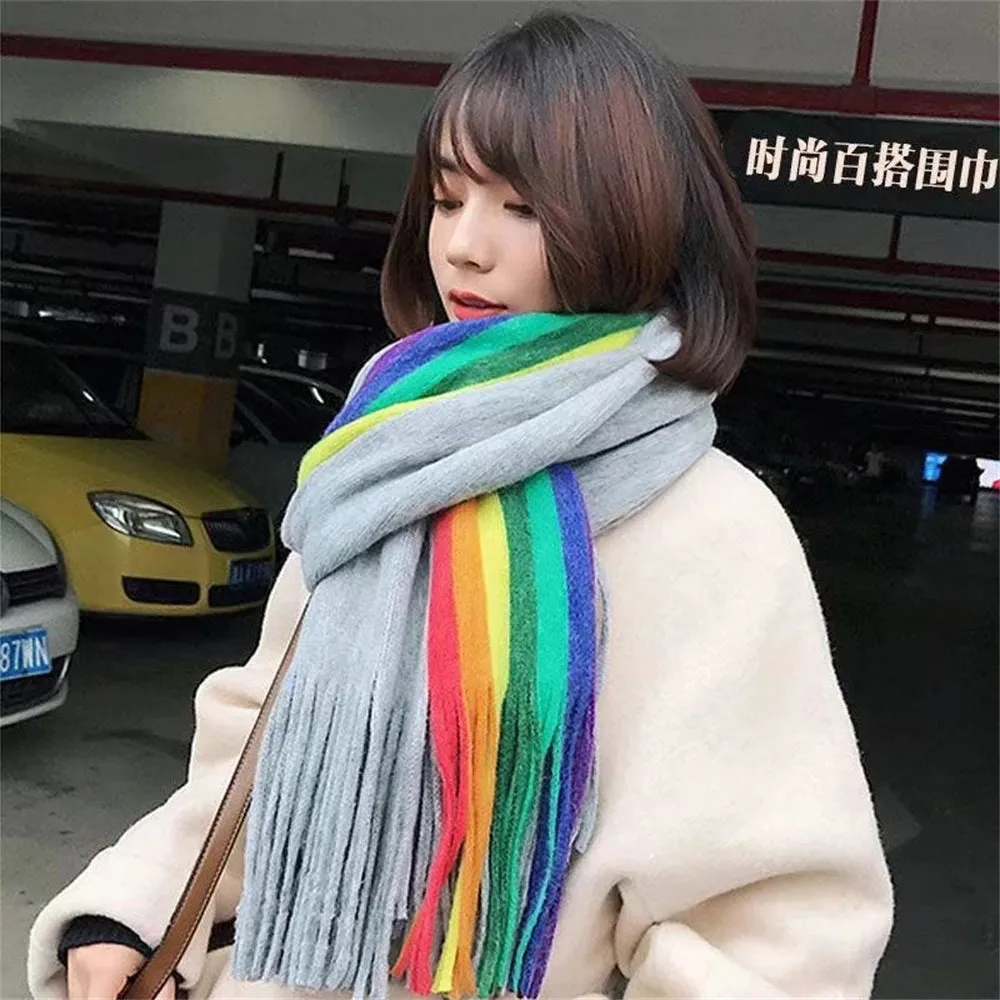 Sohiwoo Women's Rainbow Scarf Winter Cashmere Shawl Thickened Warm Knitted Line Scarf Long Fashion Bufandas Shawl Pashmina for Femme