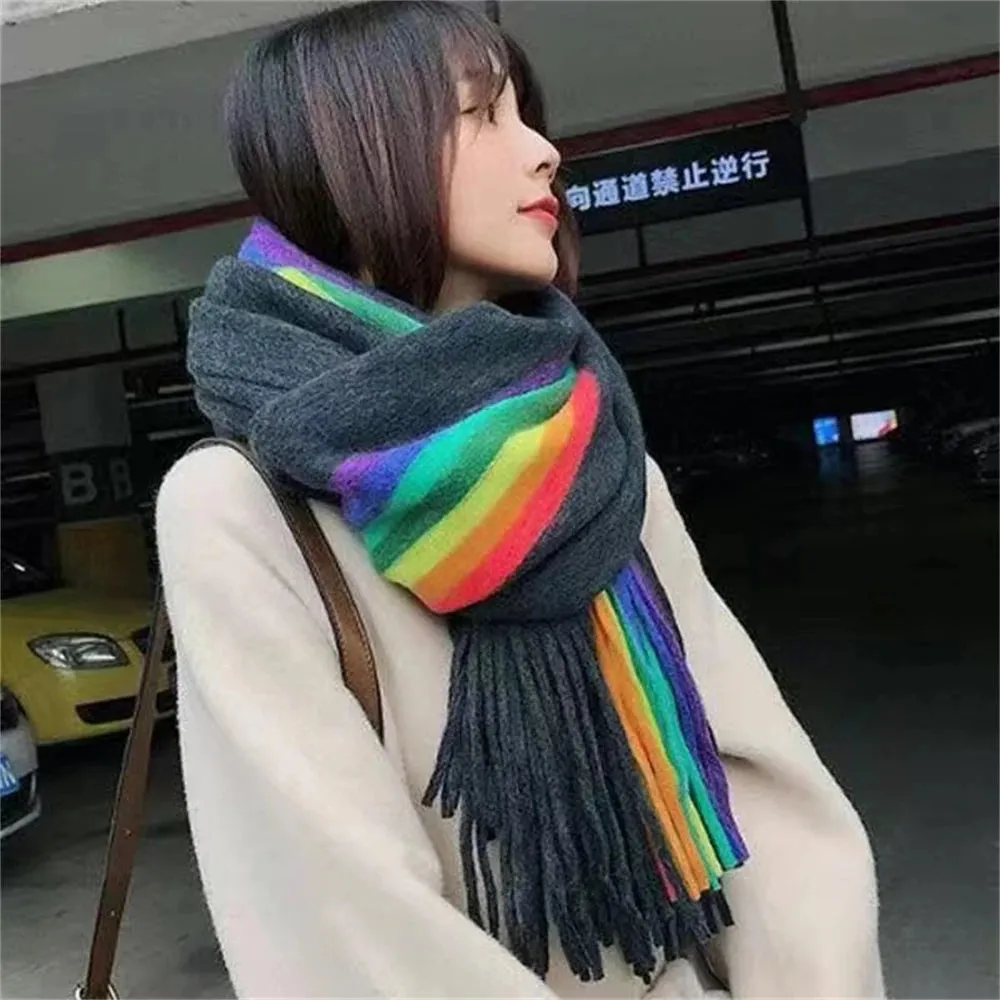 Sohiwoo Women's Rainbow Scarf Winter Cashmere Shawl Thickened Warm Knitted Line Scarf Long Fashion Bufandas Shawl Pashmina for Femme