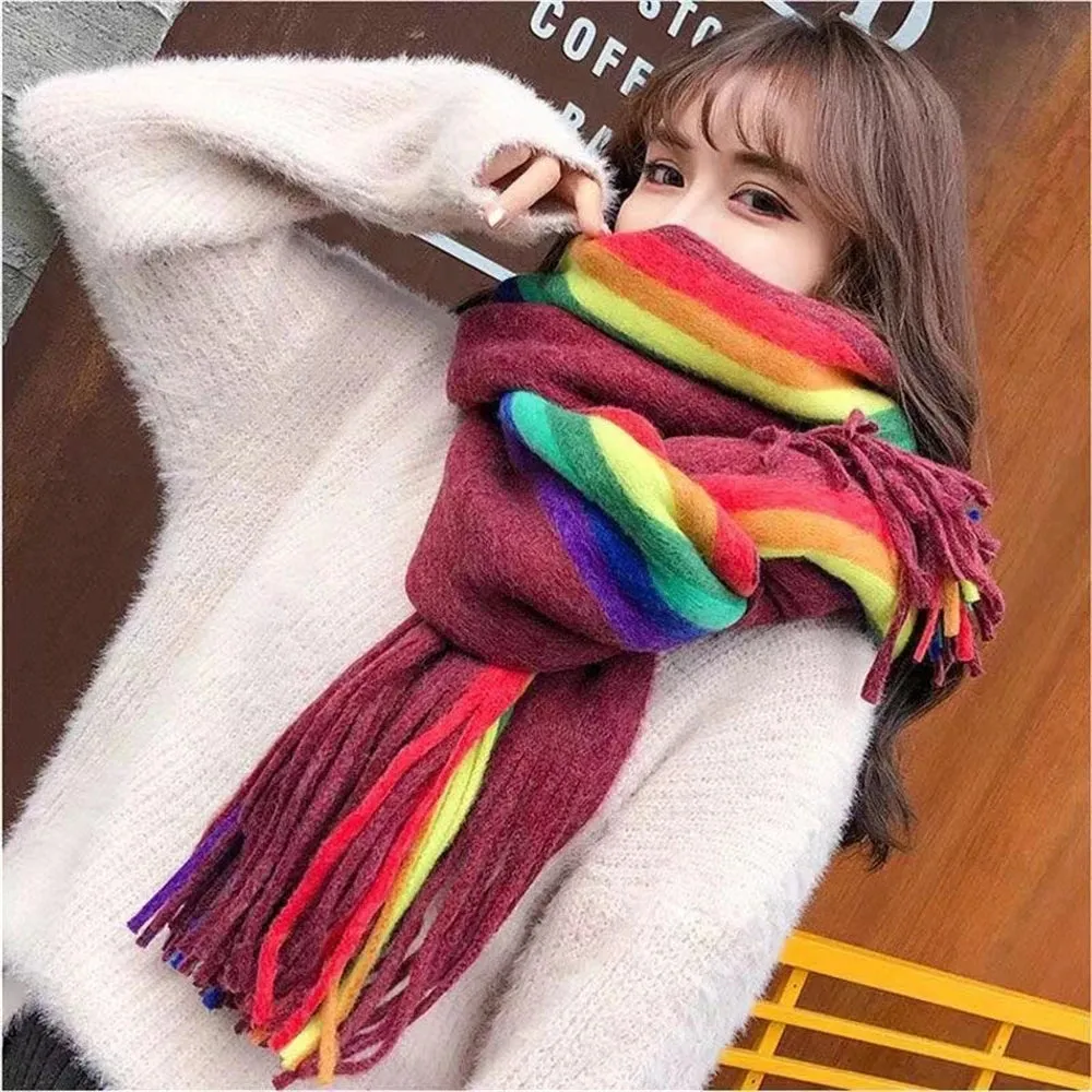 Sohiwoo Women's Rainbow Scarf Winter Cashmere Shawl Thickened Warm Knitted Line Scarf Long Fashion Bufandas Shawl Pashmina for Femme