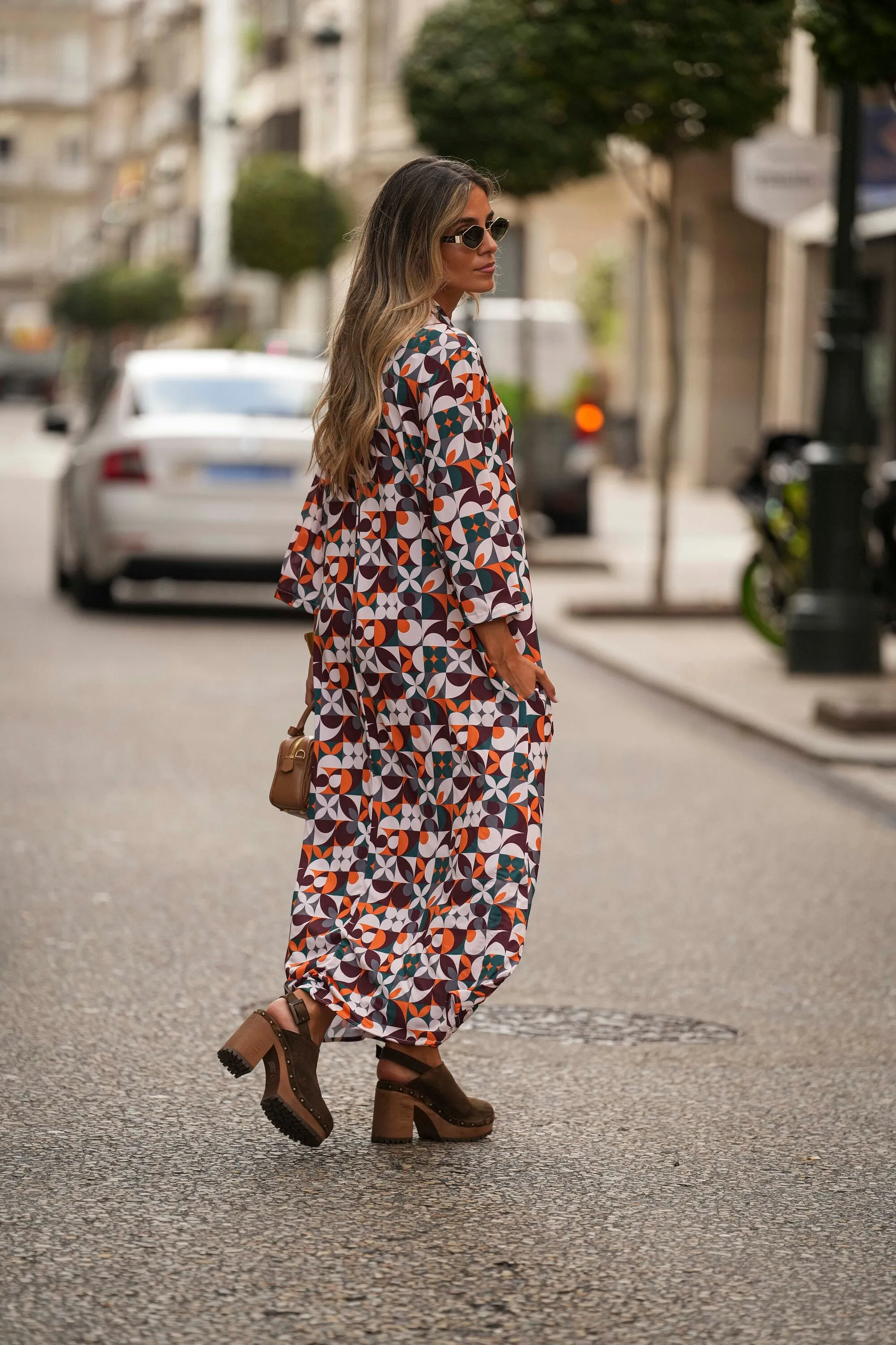 Vestido comprido em malha estampada