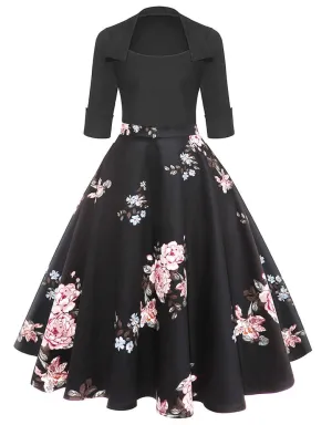 Vestido Pin Up Retro Preto Saia Floral Godê